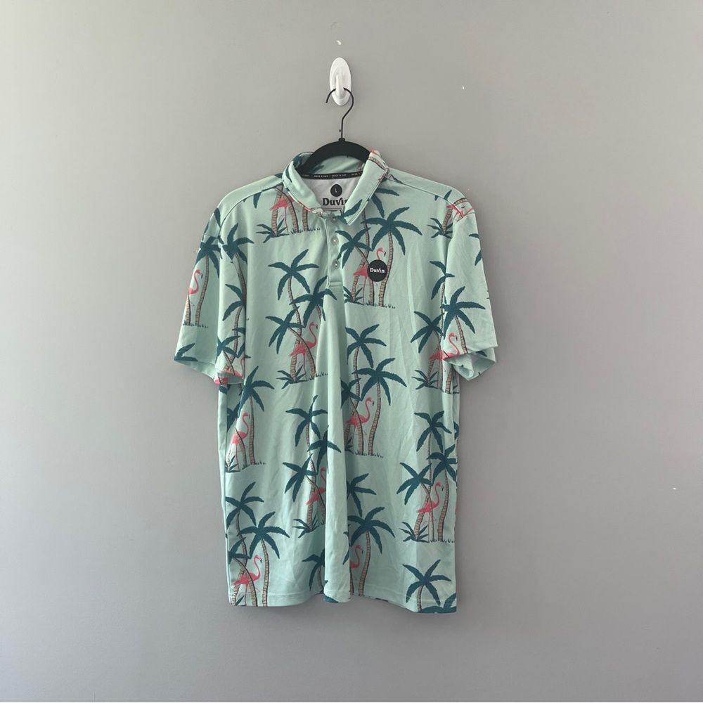 Duvin Tropical Flamingo Print Polo short Sleeve Colorful Size Large